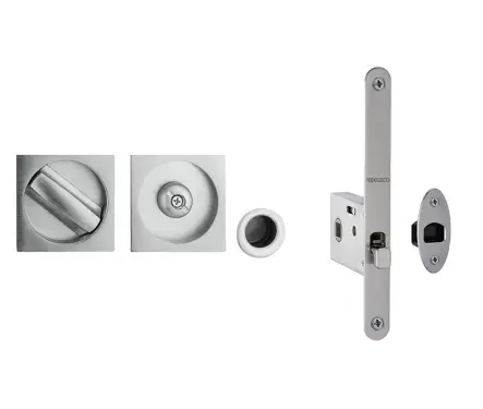 Click Here To Enlarge This Photo Of JV827SC Frelan Hardware Jedo Sliding Door Bathroom Lock with Square Flush Handles & Finger Pull to suit doors 35mm to 38mm Satin Chrome