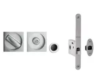 JV827SC Frelan Hardware Jedo Sliding Door Bathroom Lock with Square Flush Handles & Finger Pull to suit doors 35mm to 38mm Satin Chrome