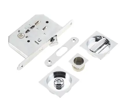 Click Here To Enlarge This Photo Of JV827CP Frelan Hardware Jedo Sliding Door Bathroom Lock with Square Flush Handles & Finger Pull to suit doors 35mm to 38mm Polished Chrome