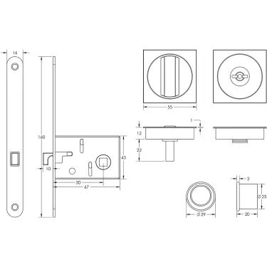 Click Here To Enlarge This Photo Of JV829SC Frelan Hardware Jedo Sliding Door Bathroom Lock with Square Flush Handles & Finger Pull to suit doors 40mm to 45mm Satin Chrome