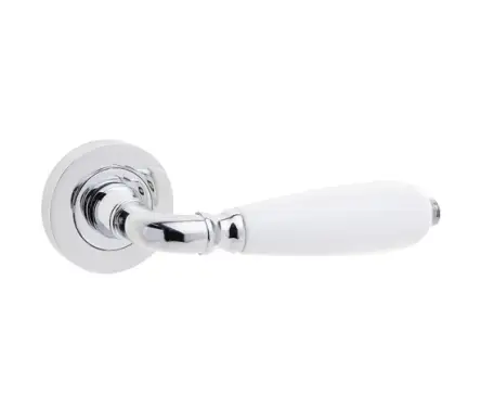 Click Here To Enlarge This Photo Of JC6002PC Frelan Hardware Jedo Porcelain Oxford Lever Handles on Rose Polished Chrome & White Porcelain