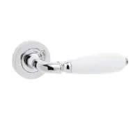 JC6002PC Frelan Hardware Jedo Porcelain Oxford Lever Handles on Rose Polished Chrome & White Porcelain