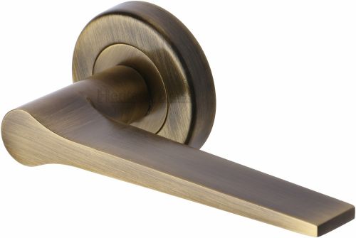Click Here To Enlarge This Photo Of V4189-AT Heritage Brass Door Handle Lever on Rose Gio Design Antique Brass Finish