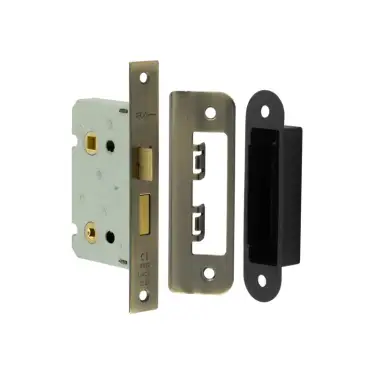 Click Here To Enlarge This Photo Of JL450AB Frelan Hardware Jedo Kontrax Bathroom Lock with Square Forend & Radiused Strike Plate 65mm Antique Brass