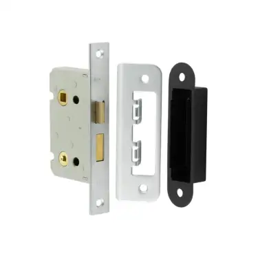 Click Here To Enlarge This Photo Of JL450SN Frelan Hardware Jedo Kontrax Bathroom Lock with Square Forend & Radiused Strike Plate 65mm Satin Nickel