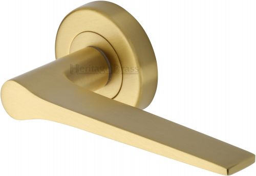Click Here To Enlarge This Photo Of V4189-SB Heritage Brass Door Handle Lever on Rose Gio Design Satin Brass Finish
