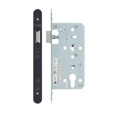 Click Here To Enlarge This Photo Of VDL0055-L-R-PVDBLK - Zoo Hardware Vier DIN Latch 55mm Backset with 2pc Radius Forend - PVD Black Finish