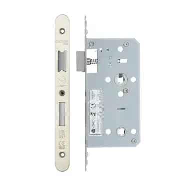 Click Here To Enlarge This Photo Of VDL7855-R-SSS - Zoo Hardware Vier DIN Bathroom Lock 55mm Backset (78mm Centres) with 2pc Radius Forend - Satin Stainless Steel Finish