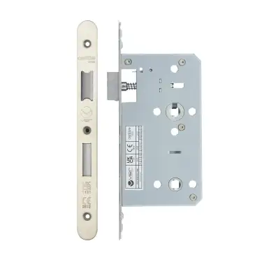 Click Here To Enlarge This Photo Of VDL7860-R-SSS - Zoo Hardware Vier DIN Bathroom Lock 60mm Backset (78mm Centres) with 2pc Radius Forend - Satin Stainless Steel Finish