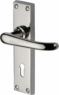 Click Here To Enlarge This Photo Of V700-PNF Heritage Brass Door Handle Lever Lock Windsor Design Polished Nickel Finish