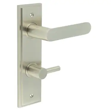 Click Here To Enlarge This Photo Of BUR-25SN-456SN-82SN Frelan Hardware Burlington 'Kensington' Door Handles on 78mm DIN Bathroom Backplate with Satin Nickel Easy Turn & Release