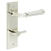 BUR-35PN-456PN-82PN Frelan Hardware Burlington 'Highgate' Door Handles on 78mm DIN Bathroom Backplate with Polished Nickel Easy Turn & Release