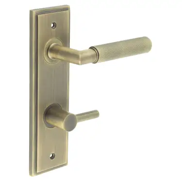 Click Here To Enlarge This Photo Of BUR-40AB-456AB-82AB Frelan Hardware Burlington 'Piccadilly' Door Handles on 78mm DIN Bathroom Backplate with Antique Brass Easy Turn & Release