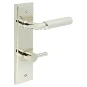 BUR-40PN-456PN-82PN Frelan Hardware Burlington 'Piccadilly' Door Handles Bathroom 78mm DIN Backplate with Polished Nickel Easy Turn & Release