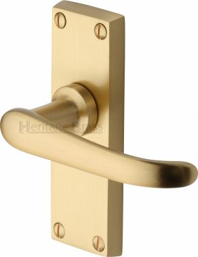 Click Here To Enlarge This Photo Of V710-SB Heritage Brass Door Handle Lever Latch Windsor Short Design Satin Brass Finish