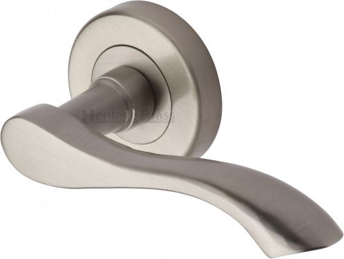 Click Here To Enlarge This Photo Of V7210-SN Heritage Brass Door Handle Lever Latch on Round Rose Algarve Design Satin Nickel Finish