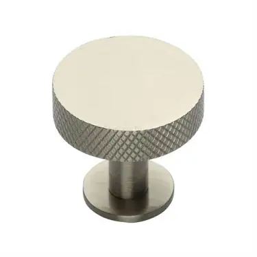 Click Here To Enlarge This Photo Of C3882 32-SN Heritage Brass Cabinet Knob Knurled Disc Design with Rose 32mm Satin Nickel finish