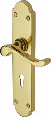 Click Here To Enlarge This Photo Of V750-PB Heritage Brass Door Handle Lever Lock Savoy Long Design Polished Brass Finish