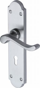 Click Here To Enlarge This Photo Of V750-SC Heritage Brass Door Handle Lever Lock Savoy Long Design Satin Chrome Finish