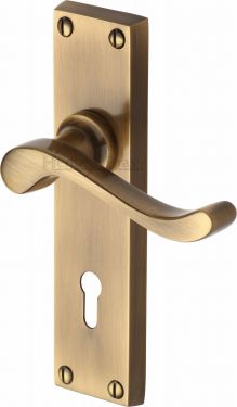 Click Here To Enlarge This Photo Of V810-AT Heritage Brass Door Handle Lever Lock Bedford Design Antique Brass Finish