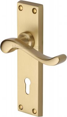 Click Here To Enlarge This Photo Of V810-SB Heritage Brass Door Handle Lever Lock Bedford Design Satin Brass Finish