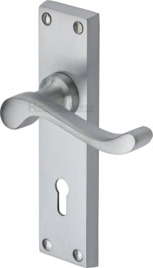 Click Here To Enlarge This Photo Of V810-SC Heritage Brass Door Handle Lever Lock Bedford Design Satin Chrome Finish