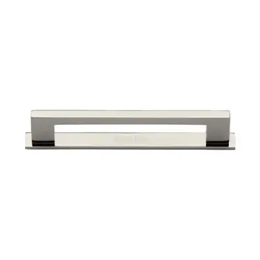 Click Here To Enlarge This Photo Of PL0337 128-PNF Heritage Brass Cabinet Pull Metro Design with Plate 128mm ctc Polished Nickel Finish