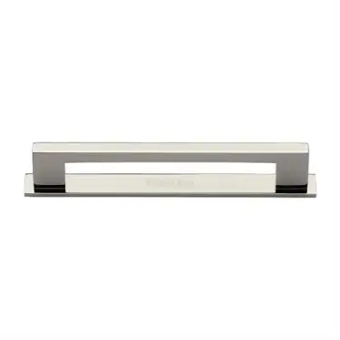 Click Here To Enlarge This Photo Of PL0337 160-PNF Heritage Brass Cabinet Pull Metro Design with Plate 160mm ctc Polished Nickel Finish