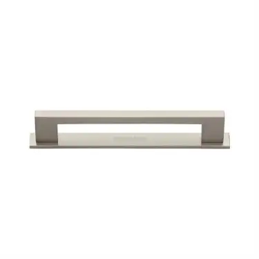 Click Here To Enlarge This Photo Of PL0337 96-SN Heritage Brass Cabinet Pull Metro Design with Plate 96mm ctc Satin Nickel Finish