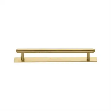 Click Here To Enlarge This Photo Of PL4410 128-SB Heritage Brass Cabinet Pull Step Design with Plate 128mm ctc Satin Brass Finish