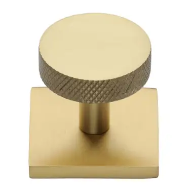 Click Here To Enlarge This Photo Of SQ3884-SB Heritage Brass Cabinet Knob Disc Knurled Design with Square Backplate 32mm Satin Brass finish