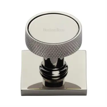 Click Here To Enlarge This Photo Of SQ4648-PNF Heritage Brass Cabinet Knob Florence Knurled Design with Square Backplate 32mm Polished Nickel finish