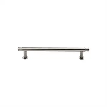Click Here To Enlarge This Photo Of V4447 96-PNF Heritage Brass Cabinet Pull Contour Design with 16mm Rose 96mm ctc Polished Nickel finish