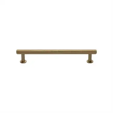 Click Here To Enlarge This Photo Of V4459 128-SB Heritage Brass Cabinet Pull Knurled Design with 16mm Rose 128mm ctc Satin Brass finish