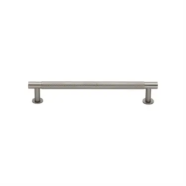 Click Here To Enlarge This Photo Of V4462 128-SN Heritage Brass Cabinet Pull Partial Knurled Design with 16mm Rose 128mm ctc Satin Nickel finish