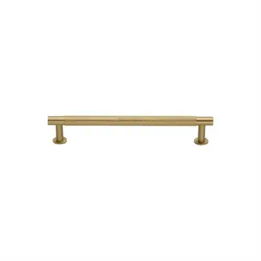 Click Here To Enlarge This Photo Of V4462 96-SB Heritage Brass Cabinet Pull Partial Knurled Design with 16mm Rose 96mm ctc Satin Brass finish