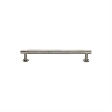 Click Here To Enlarge This Photo Of V4462 96-SN Heritage Brass Cabinet Pull Partial Knurled Design with 16mm Rose 96mm ctc Satin Nickel finish