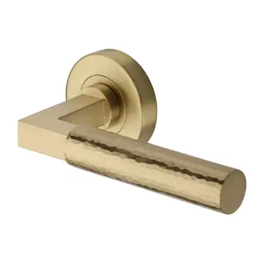 Click Here To Enlarge This Photo Of HAM2259-SB Heritage Brass Door Handle Lever on Rose Hammered Bauhaus Design Satin Brass Finish