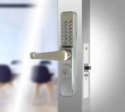 Click Here To Enlarge This Photo Of Codelocks CL465 SS L Medium Duty Mechanical Narrow Stile Digital Lock to suit Deadlatches with Threaded Cylinder & Code Free Option - Stainless Steel