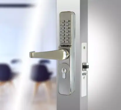 Click Here To Enlarge This Photo Of Codelocks CL470 SS L Medium Duty Mechanical Narrow Stile Digital Lock to suit Deadlatches with Euro Cylinder - Stainless Steel