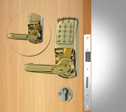 Click Here To Enlarge This Photo Of Codelocks CL5020 PB Heavy Duty Electronic Digital Lock with Anti-Panic Mortice Lock, Key Override & Code Free Option - Polished Brass