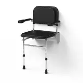 335004/BL Fitzroy of London Premium Wall Mounted Shower Seat with Support Legs, Arm & Back Rests - Polished Aluminium Frame and Black Pads