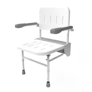 SB-071/WH Fitzroy of London Premium Wall Mounted Shower Seat with Support Legs, Back & Arm Rests - White (No Pads)