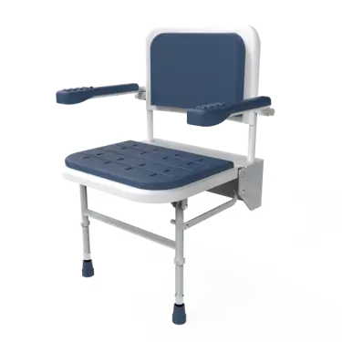 Click Here To Enlarge This Photo Of SB-081/DB Fitzroy of London Premium Wall Mounted Shower Seat with Support Legs, Back & Arm Rests - White (Dark Blue Pads)