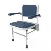 SB-081/DB Fitzroy of London Premium Wall Mounted Shower Seat with Support Legs, Back & Arm Rests - White (Dark Blue Pads)