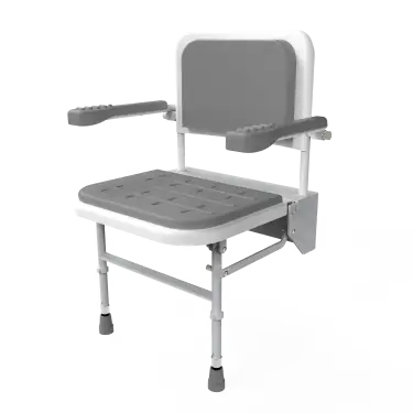 Click Here To Enlarge This Photo Of SB-081/GY Fitzroy of London Premium Wall Mounted Shower Seat with Support Legs, Back & Arm Rests - White (Grey Pads)
