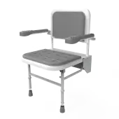 SB-081/GY Fitzroy of London Premium Wall Mounted Shower Seat with Support Legs, Back & Arm Rests - White (Grey Pads)