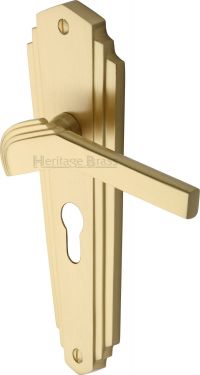 Click Here To Enlarge This Photo Of WAL6548-SB Heritage Brass Door Handle For Euro Profile Plate Waldorf Design Satin Brass Finish