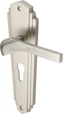Click Here To Enlarge This Photo Of WAL6548-SN Heritage Brass Door Handle For Euro Profile Plate Waldorf Design Satin Nickel Finish