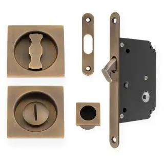 AW111RAB - Alexander & Wilks Radius Sliding Door Lock Set (Square Roses)  - Antique Brass